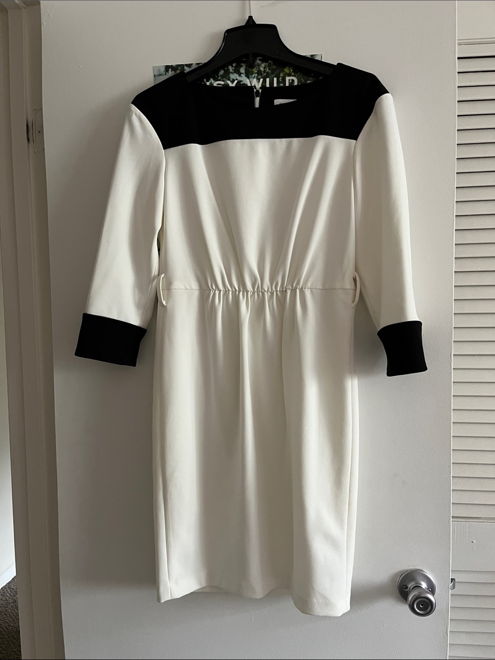 Calvin Klein Black and White Long Sleeve Sheath Dress with Contrast Yoke